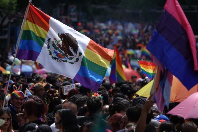 A flag flies at the 2024 Mexico City pride parade