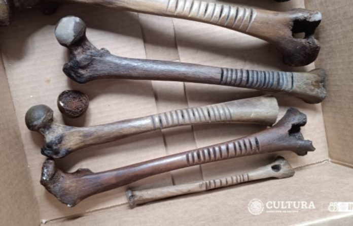 5 human bones, many of them femurs, in a cardboard box. They're among many ancient artifacts found on the island located in Lake Patzcuaro, Michoacan.